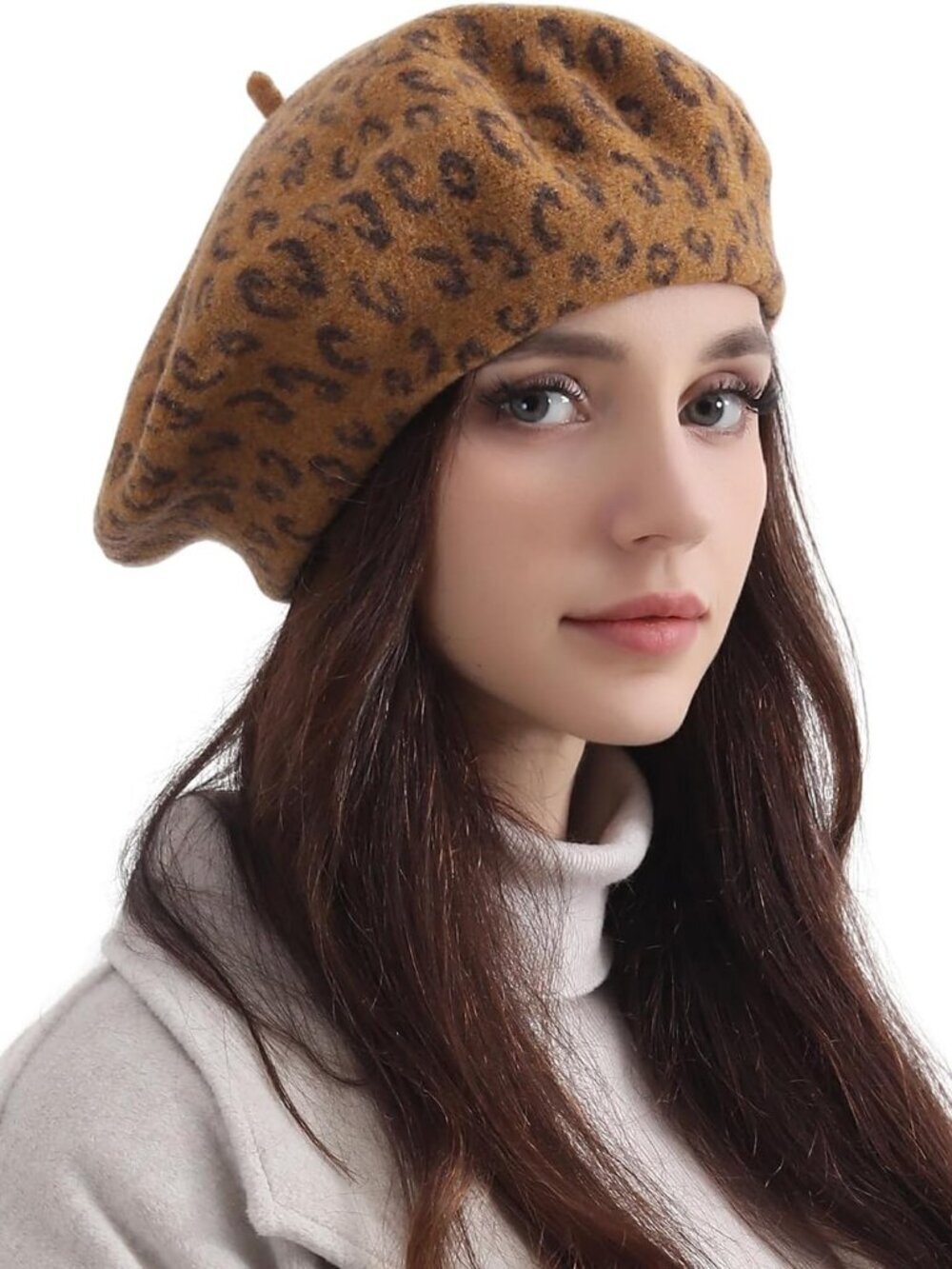 Women's Classic Wool Leopard French Painter Beret Hats Leopard Print Brown